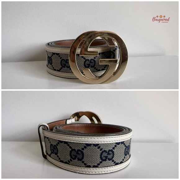Authentic Gucci Cream Monogram Canvas Leather Interlocking G Buckle Belt 95/38 - Picture 3 of 13